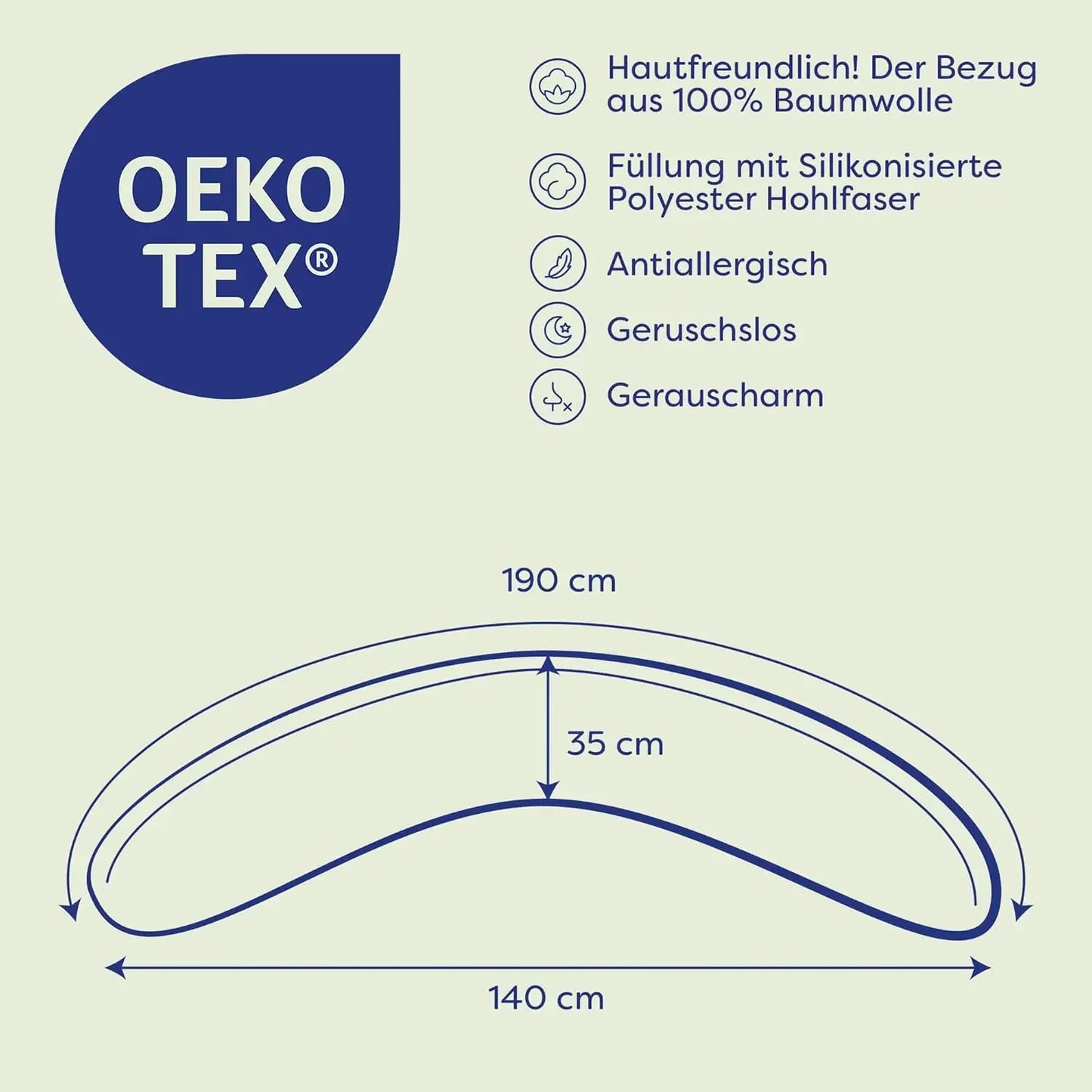 Ceba Baby® Stillkissen - Lagerungskissen für Babys - Schwangerschaftskissen aus 100% Baumwolle - XXL groß Seitenschläferkissen - 190 cm - Öko-Tex Standard 100 - Kamille