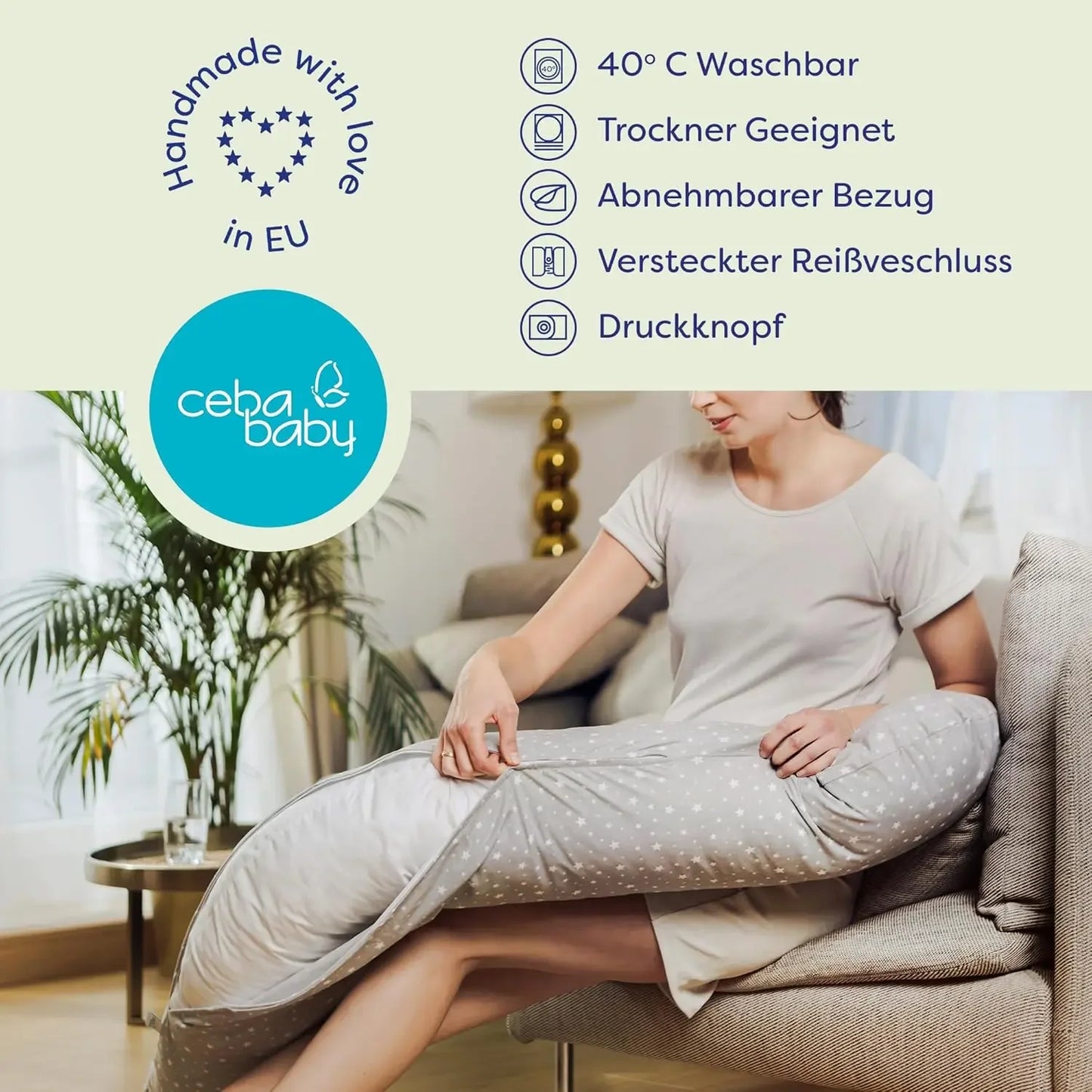 Ceba Baby® Stillkissen - Lagerungskissen für Babys - Schwangerschaftskissen aus 100% Baumwolle - XXL groß Seitenschläferkissen - 190 cm - Öko-Tex Standard 100 - Kamille