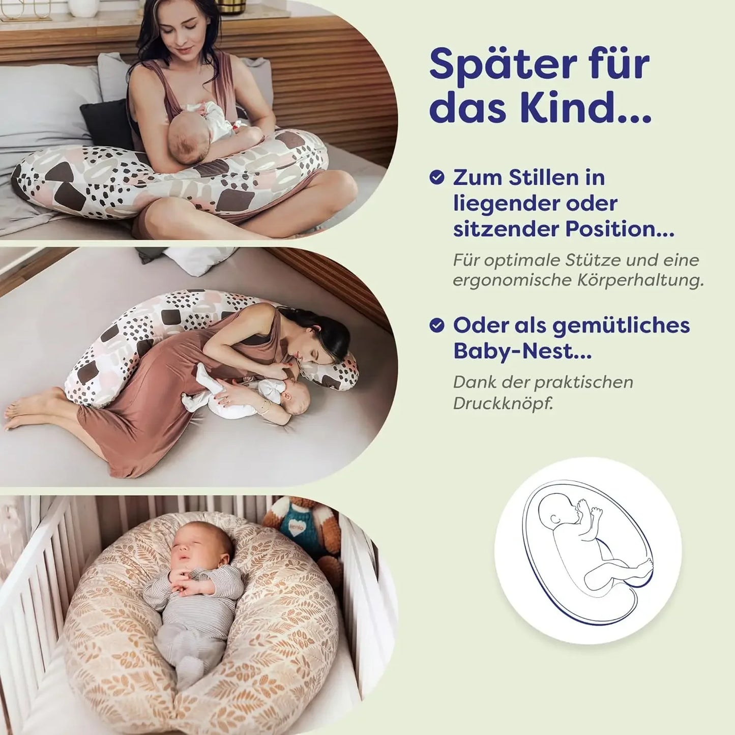 Ceba Baby® Stillkissen - Lagerungskissen für Babys - Schwangerschaftskissen aus 100% Baumwolle - XXL groß Seitenschläferkissen - 190 cm - Öko-Tex Standard 100 - Kamille